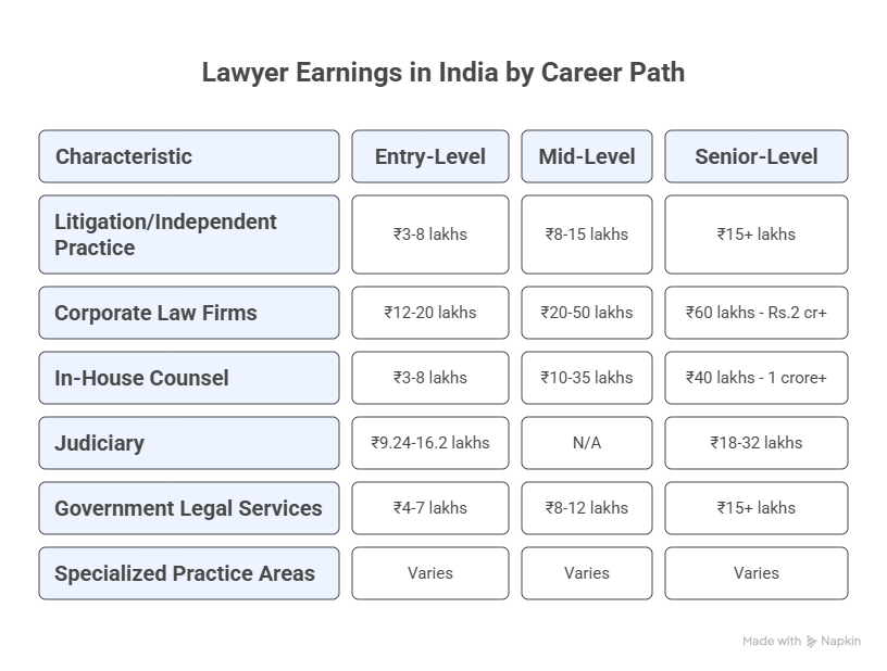 Table showing lawyer salary ranges in India across different career paths including litigation, corporate law firms, in-house counsel, judiciary, and government legal services, organized by entry-level, mid-level, and senior-level positions with earnings in lakhs