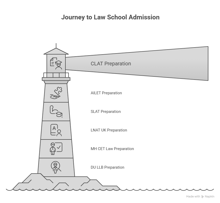 Lighthouse diagram illustrating the journey to law school admission in India, showing different entrance exam preparation paths including CLAT, AILET, SLAT, LNAT UK, MH CET Law, and DU LLB arranged in hierarchical levels