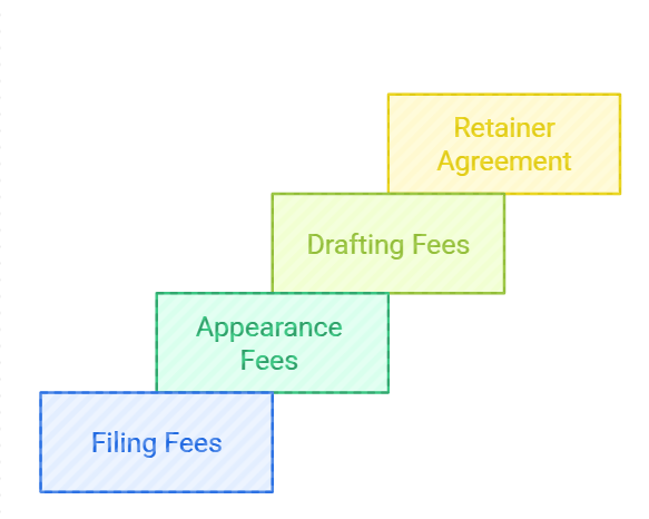 Image of a stepped diagram with "Retainer Agreement" (yellow), "Drafting Fees" (light green), "Appearance Fees" (green), and "Filing Fees" (blue) boxes.