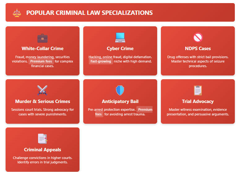 Popular criminal law specializations infographic showing white-collar crime, cyber crime, NDPS cases, murder trials, anticipatory bail, trial advocacy, and criminal appeals