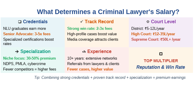 Infographic showing key factors affecting a criminal lawyer’s salary in India — credentials, specialization, experience, and court level. Highlights premium earnings for NLU graduates, senior advocates, and top performers with strong win rates.