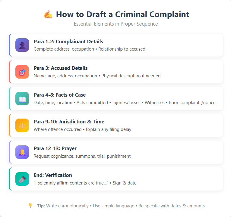 Infographic explaining how to draft a criminal complaint with proper structure—covering complainant details, accused details, facts of the case, jurisdiction, prayer, and verification. Includes tips to write clearly, chronologically, and with specific details.