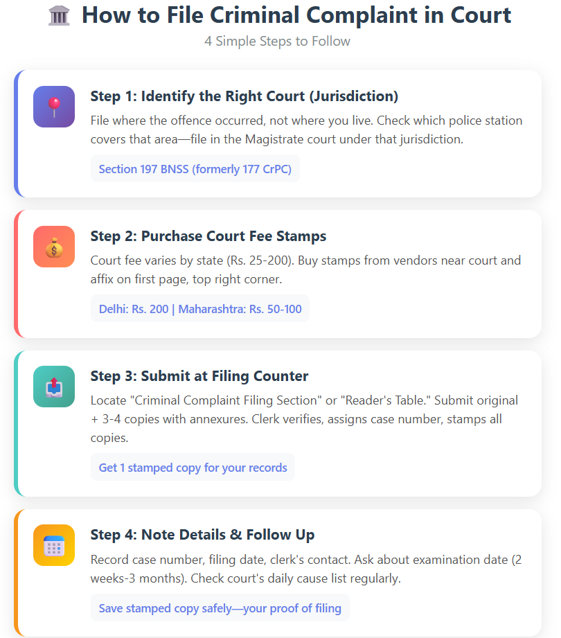 Infographic explaining how to file a criminal complaint in court with four steps—identify the right court, purchase court fee stamps, submit at filing counter, and note details for follow-up. Mentions jurisdiction rules, filing fees, and record-keeping tips.
