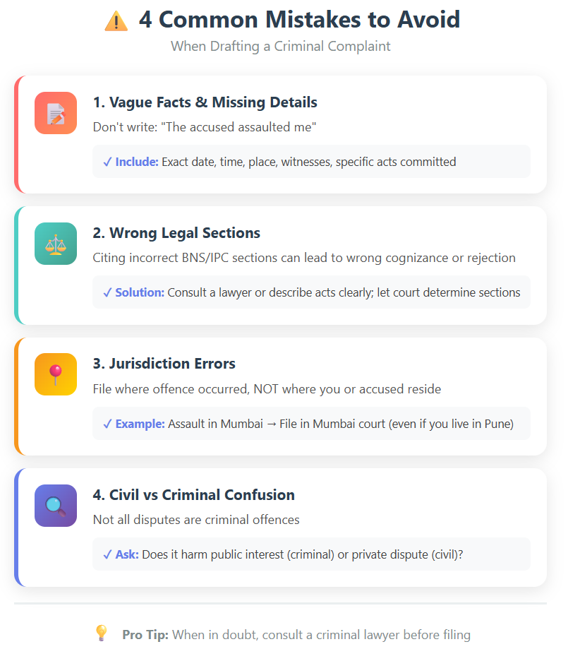 Infographic on 4 common mistakes to avoid when drafting a criminal complaint, covering vague facts, wrong legal sections, jurisdiction errors, and civil vs criminal confusion. Includes pro tip to consult a criminal lawyer before filing.