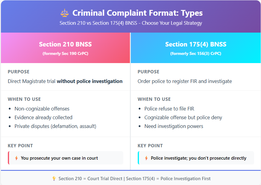 Infographic comparing Section 210 BNSS and Section 175(4) BNSS for filing criminal complaints in India, explaining when to use direct magistrate trials versus police investigations. A legal guide for choosing the right complaint process.