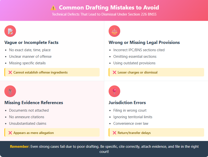 Infographic highlighting common drafting mistakes in criminal complaints under Section 226 BNSS, such as vague facts, missing evidence, and jurisdiction errors.