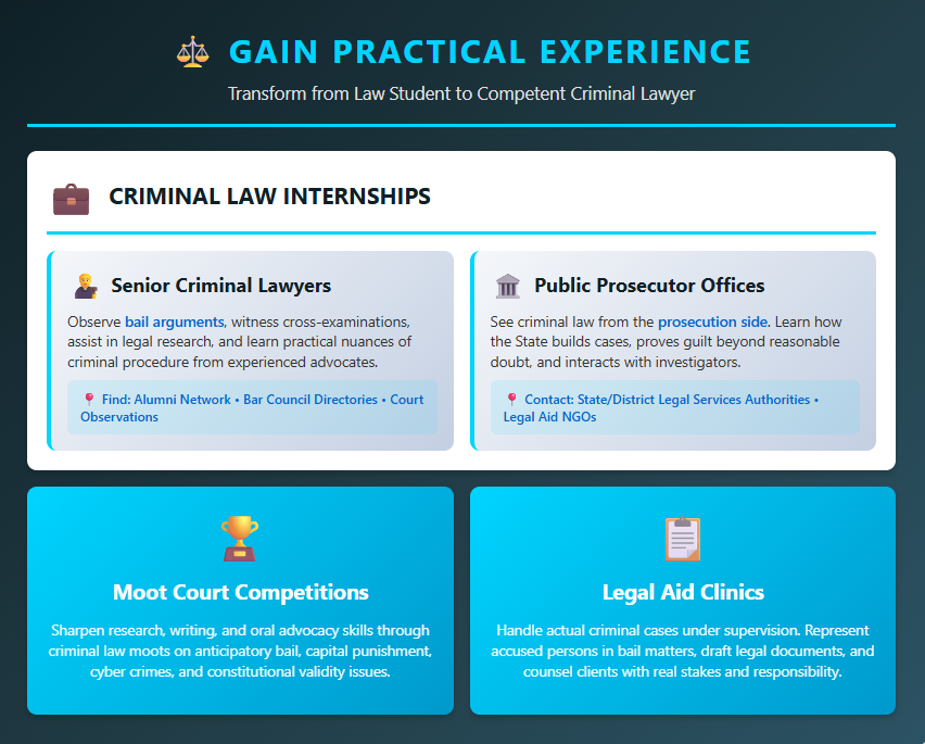 Infographic explaining ways law students can gain practical experience in criminal law — includes internships with senior criminal lawyers, public prosecutor offices, participation in moot court competitions, and work in legal aid clinics to build courtroom, research, and advocacy skills.