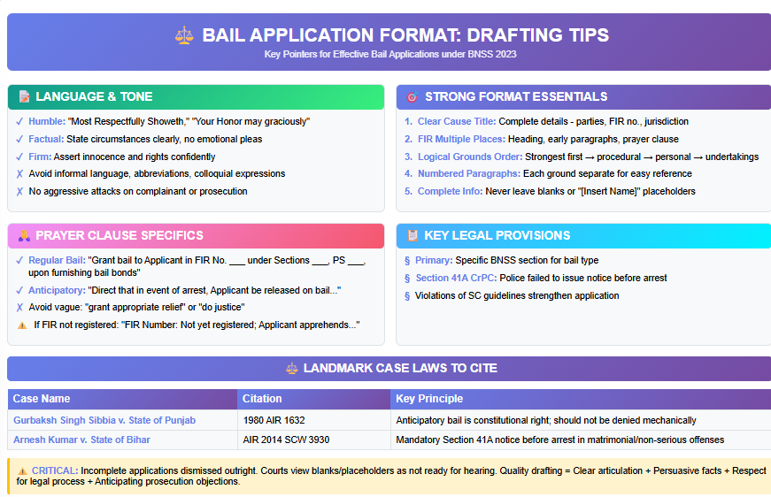 Bail application format PDF download infographic with drafting tips covering language tone, prayer clause specifics, legal provisions, and landmark case laws under BNSS 2023
