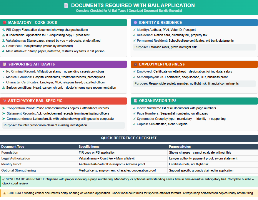 Bail application format PDF download guide infographic with complete document checklist covering mandatory papers, identity proofs, affidavits, and employment certificates for filing