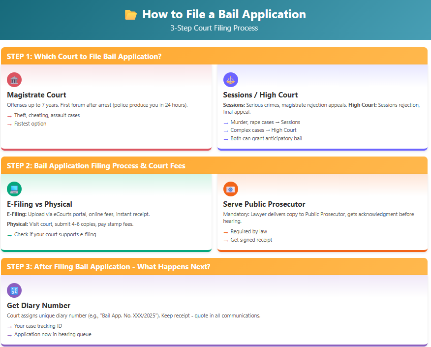 Infographic explaining how to file a bail application in India, covering which court to approach, e-filing versus physical filing, serving the public prosecutor, and getting a diary number after submission.