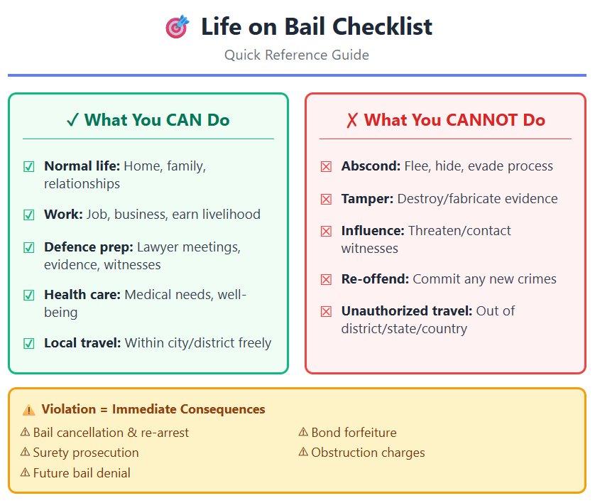 Bail meaning infographic displaying allowed activities like work and family life versus prohibited actions like absconding and witness tampering under CrPC/BNSS