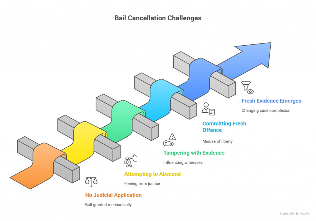 Infographic showing 5 grounds for bail cancellation under Section 439(2) CrPC/Section 483: non-application of mind, absconding attempt, evidence tampering, fresh offence commission, and new evidence emergence with icons for each ground"