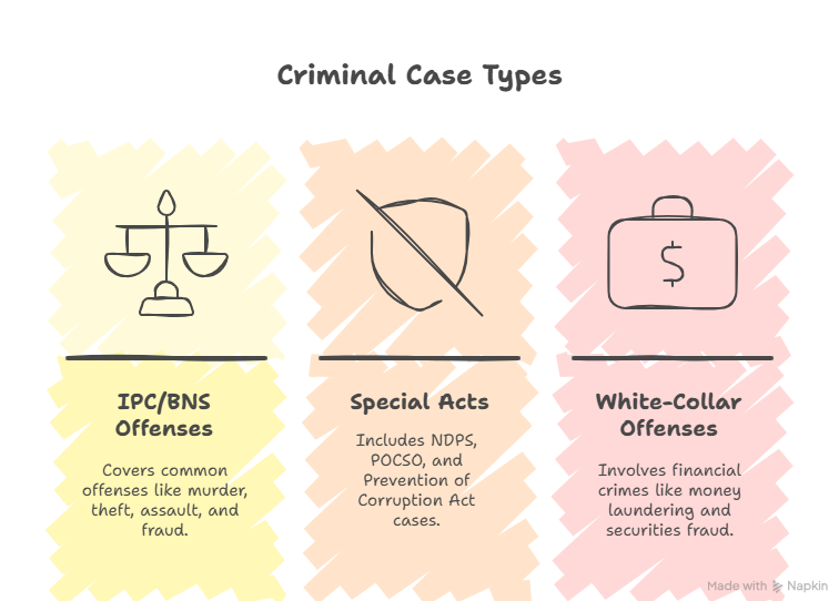 Infographic showing types of criminal cases in India — IPC/BNS offenses like murder and theft, Special Acts cases such as NDPS, POCSO, and Corruption Act, and White-Collar offenses involving financial crimes like money laundering and securities fraud