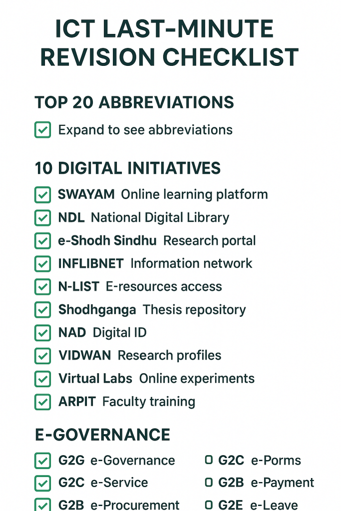 UGC NET Paper 1 ICT last-minute revision checklist showing key abbreviations, digital initiatives, and e-governance models