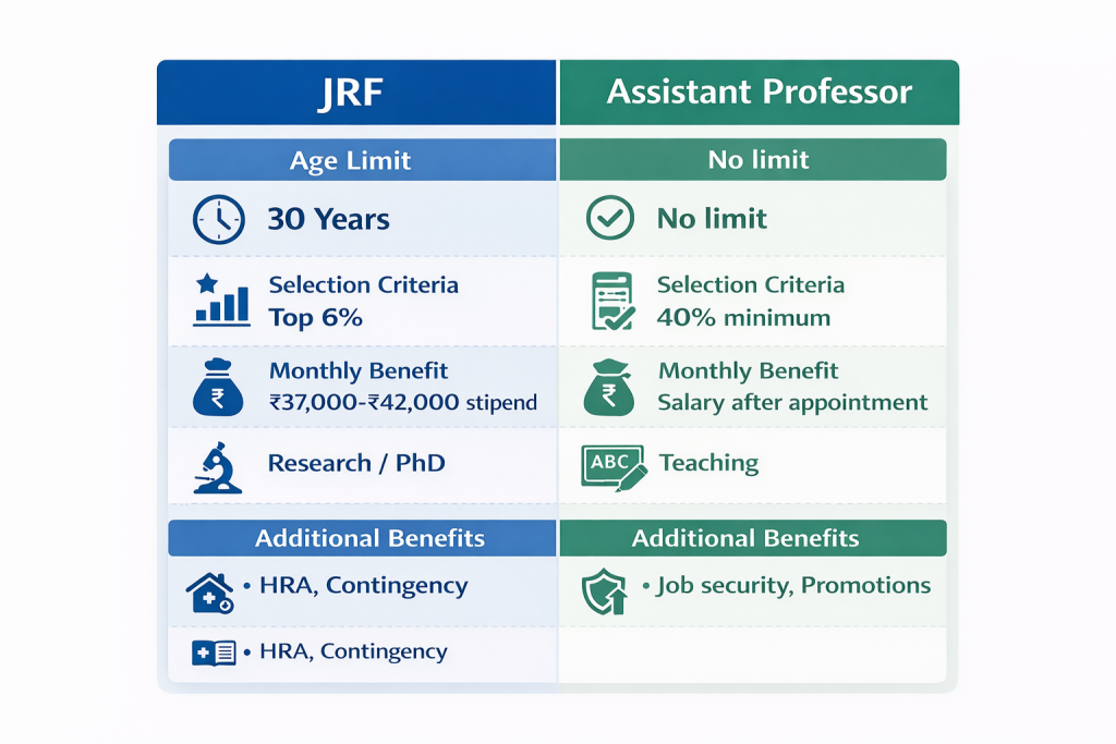 JRF vs Assistant Professor eligibility comparison chart showing age limits, financial benefits, selection criteria, and career paths for UGC NET Exam qualifiers