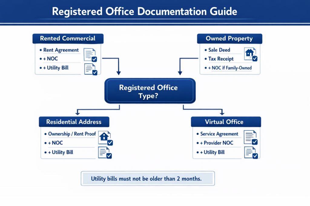 Documents required for company registration: Flowchart showing documents required for registered office address proof based on property type including rented commercial premises, owned property, residential address, and virtual office options under Companies Act 2013