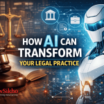 AI can transform your law practice concept image with AI robot, legal gavel, scales of justice, and digital technology in modern legal practice.