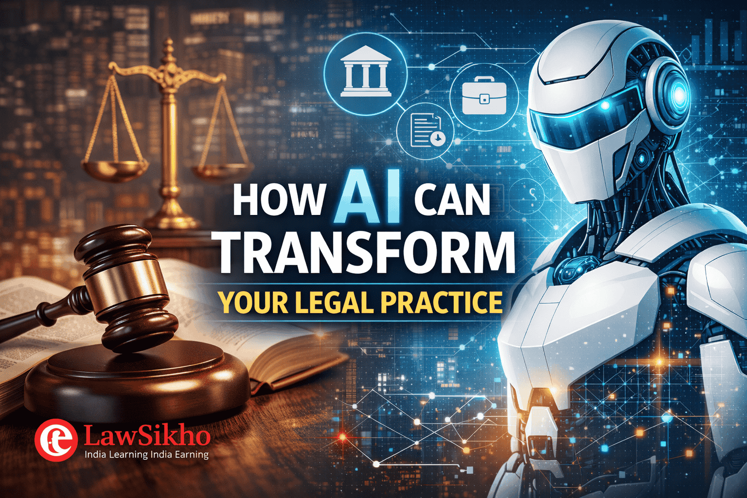 AI can transform your law practice concept image with AI robot, legal gavel, scales of justice, and digital technology in modern legal practice.