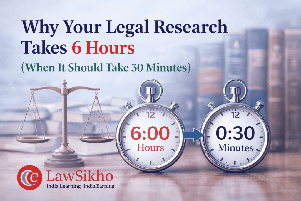 Efficient legal research: 6 hours vs 30 minutes, showcasing time-saving techniques with stopwatches and the LawSikho logo for a professional legal practice.