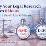Efficient legal research: 6 hours vs 30 minutes, showcasing time-saving techniques with stopwatches and the LawSikho logo for a professional legal practice.