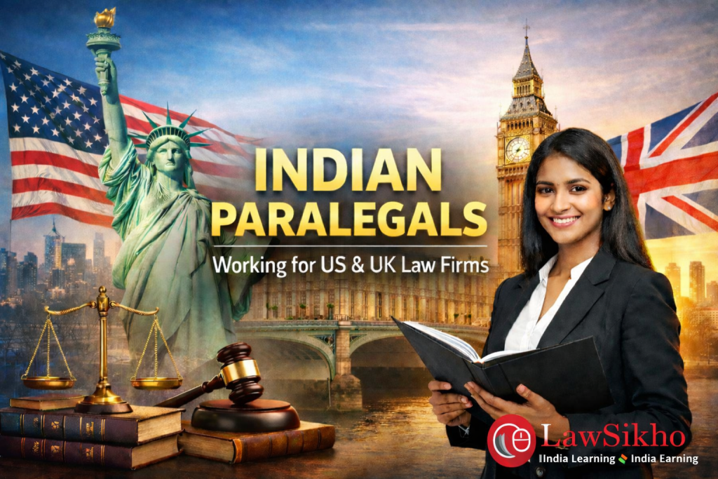 Indian paralegal supporting US and UK law firms with iconic landmarks of New York and London in the background, featuring LawSikho branding.