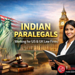 Indian paralegal supporting US and UK law firms with iconic landmarks of New York and London in the background, featuring LawSikho branding.