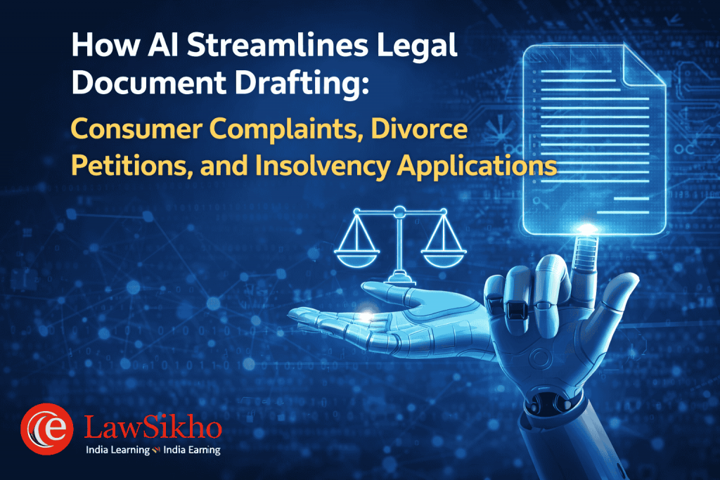 AI streamlining legal drafting processes in consumer complaints, divorce petitions, and insolvency applications, with LawSikho logo