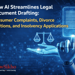 AI streamlining legal drafting processes in consumer complaints, divorce petitions, and insolvency applications, with LawSikho logo