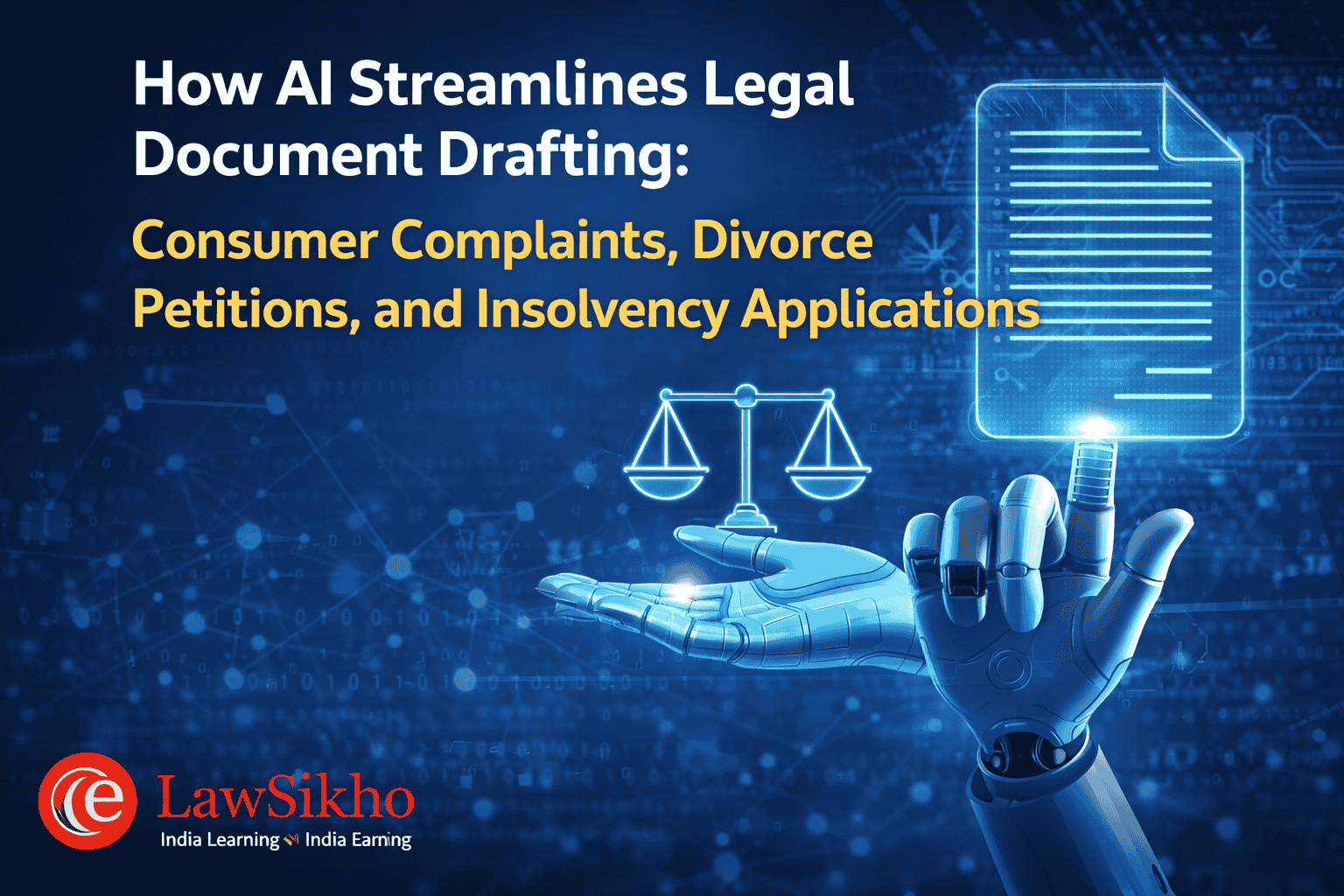 AI streamlining legal drafting processes in consumer complaints, divorce petitions, and insolvency applications, with LawSikho logo