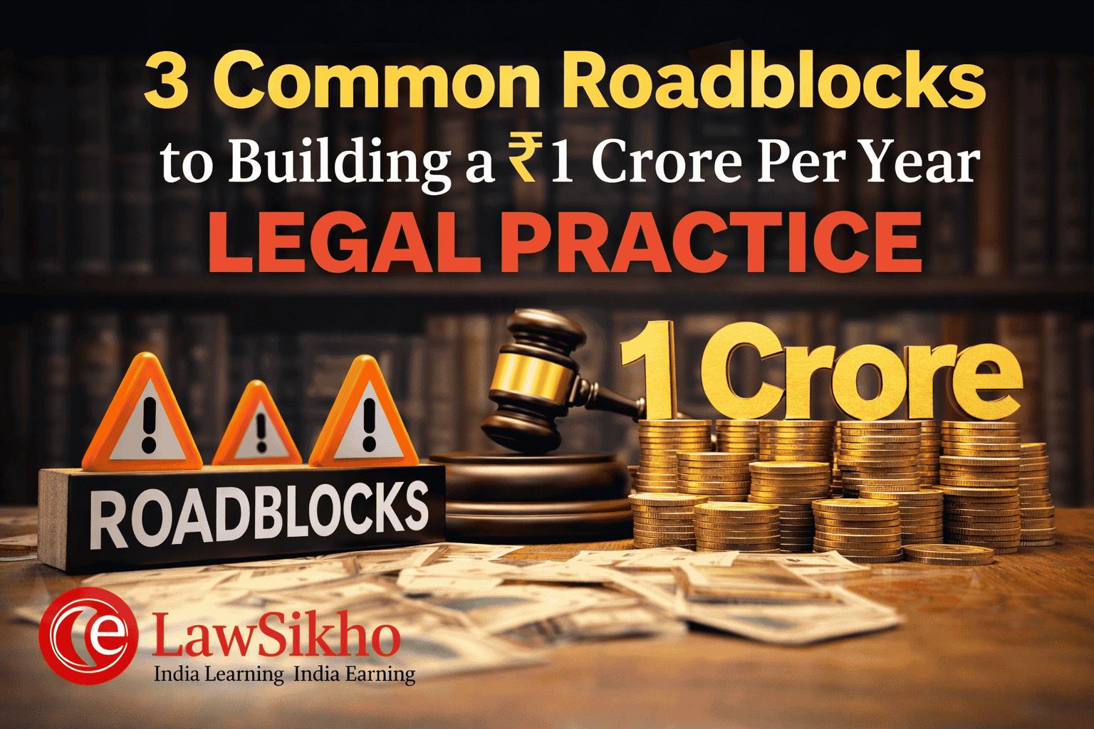 Image depicting 3 common roadblocks lawyers face in building a ₹1 Crore per year legal practice, featuring roadblock signs, a judge's gavel, stacks of gold coins, and the LawSikho logo.
