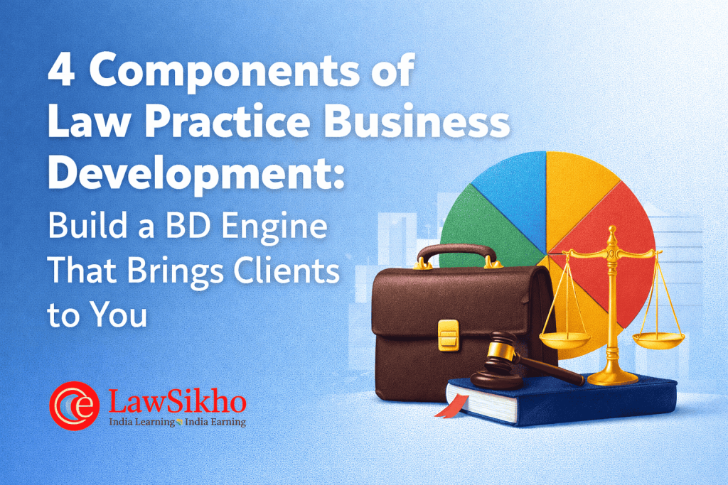 4 Components of Law Practice Business Development: Build a BD Engine That Brings Clients to You, featuring a gavel, briefcase, scales of justice, and a colorful pie chart, with the LawSikho logo in the bottom left corner.