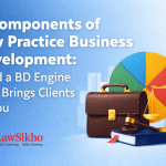 4 Components of Law Practice Business Development: Build a BD Engine That Brings Clients to You, featuring a gavel, briefcase, scales of justice, and a colorful pie chart, with the LawSikho logo in the bottom left corner.