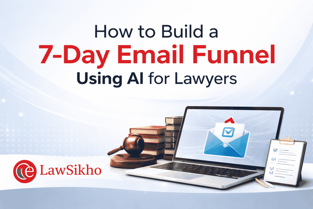 Email funnel for lawyers with a professional layout featuring a laptop, legal books, gavel, and checklist. The LawSikho logo is placed at the bottom left. The image represents how to build a 7-day email funnel using AI to engage and nurture clients in the legal industry