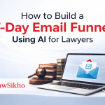 Email funnel for lawyers with a professional layout featuring a laptop, legal books, gavel, and checklist. The LawSikho logo is placed at the bottom left. The image represents how to build a 7-day email funnel using AI to engage and nurture clients in the legal industry