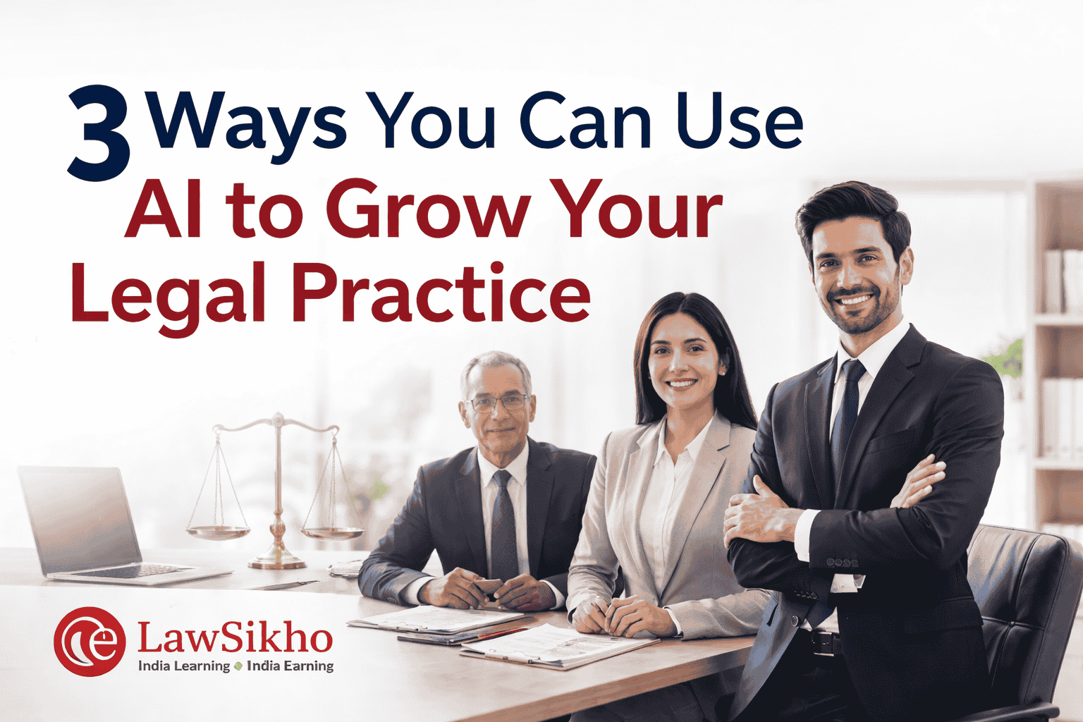 Promotional banner for '3 Ways You Can Use AI to Grow Your Legal Practice' with a blurred office background and legal symbols, showcasing professionals at work, while the LawSikho logo is placed in the bottom left corner. The image highlights AI's potential to enhance legal practices