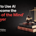 Digital banner featuring the title 'How to Use AI to Become the Top of the Mind Lawyer' with a law gavel, books, and scales of justice, along with the LawSikho logo. The background is black, highlighting AI in legal marketing