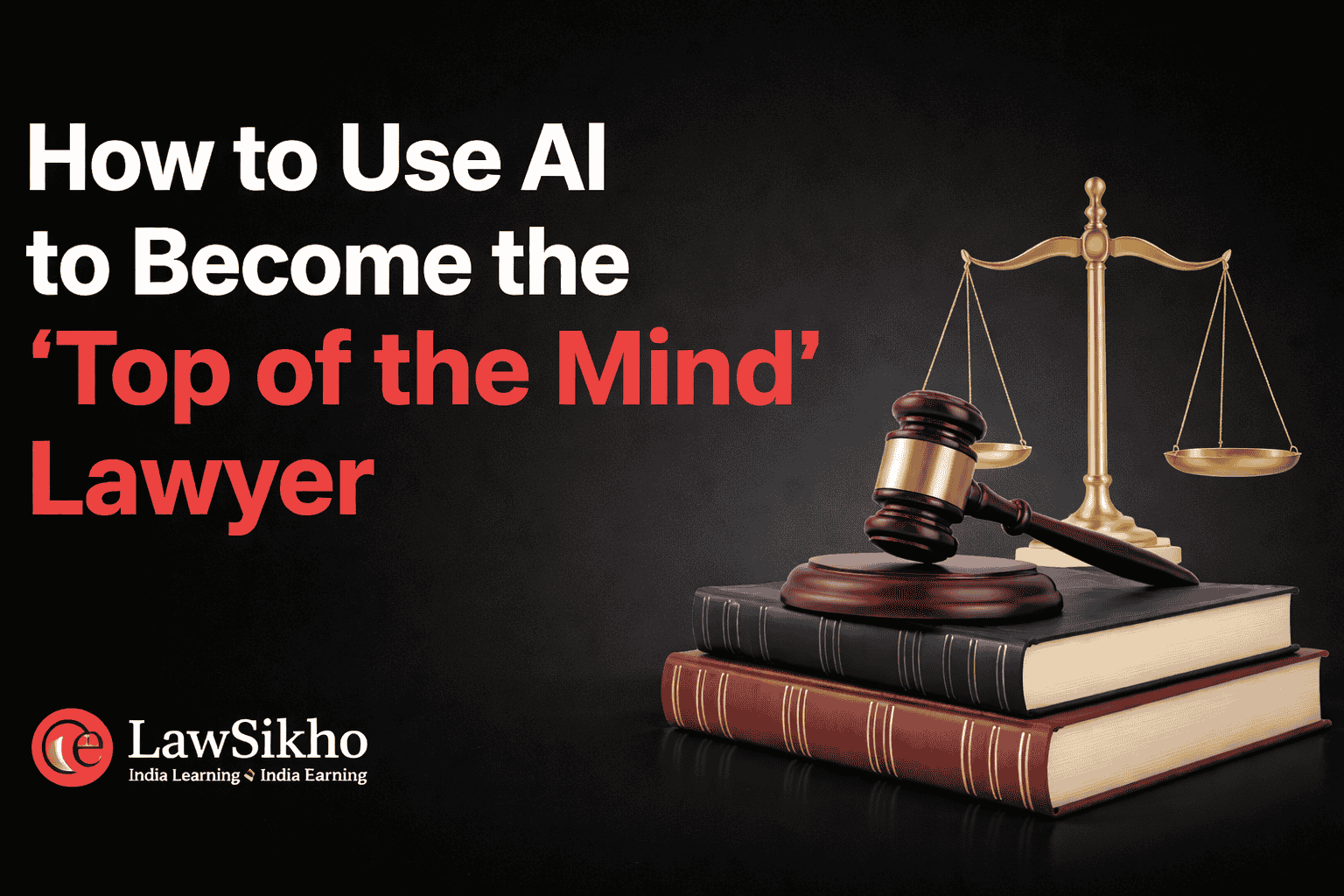 Digital banner featuring the title 'How to Use AI to Become the Top of the Mind Lawyer' with a law gavel, books, and scales of justice, along with the LawSikho logo. The background is black, highlighting AI in legal marketing