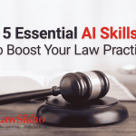 Featured image for 5 Essential AI Skills to Boost Your Law Practice, showcasing a gavel and legal books, with LawSikho logo in the bottom left corner, highlighting AI tools for legal professionals.