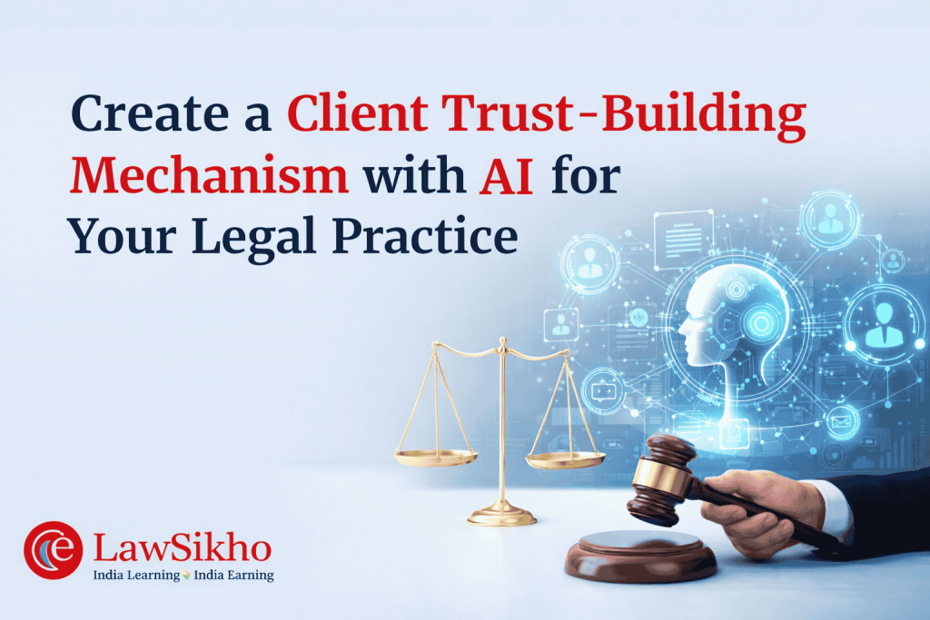 Build client trust in legal practice with AI, featuring scales of justice and AI technology