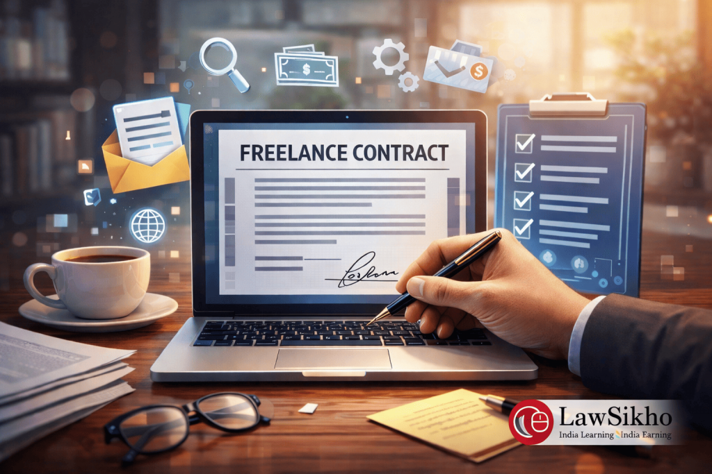 Freelance Contract Drafting on a laptop with a professional signing the agreement, in a modern workspace.