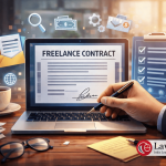 Freelance Contract Drafting on a laptop with a professional signing the agreement, in a modern workspace.