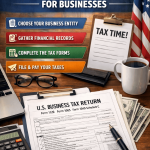 Infographic showing steps to file US federal tax returns for businesses