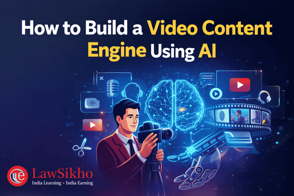 AI-powered video content creation concept showing a professional recording video with digital AI tools, automated editing visuals, and media icons representing an AI video content engine.
