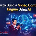 AI-powered video content creation concept showing a professional recording video with digital AI tools, automated editing visuals, and media icons representing an AI video content engine.