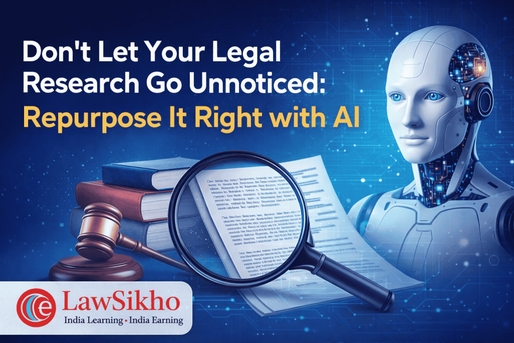 AI-powered legal research repurposing banner featuring a robot, legal documents, and LawSikho branding illustrating how AI enhances legal content visibility and digital presence