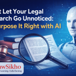 AI-powered legal research repurposing banner featuring a robot, legal documents, and LawSikho branding illustrating how AI enhances legal content visibility and digital presence