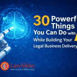 Featured image showcasing '30 Powerful Things You Can Do with AI While Building Your Legal Business Delivery Engine' with a futuristic AI brain graphic and a robotic hand, along with the LawSikho logo.