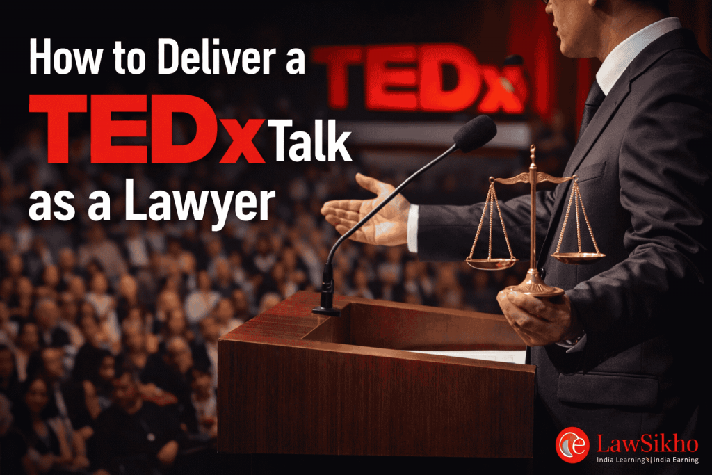 Lawyer delivering a TEDx talk on stage with podium and microphone – guide on how to deliver a TEDx talk as a lawyer