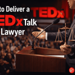Lawyer delivering a TEDx talk on stage with podium and microphone – guide on how to deliver a TEDx talk as a lawyer