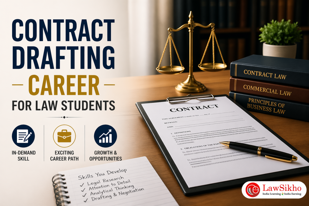 Contract drafting career for law students featuring legal documents, scales of justice, and law books, representing opportunities in legal drafting, freelance law careers, and global legal work.